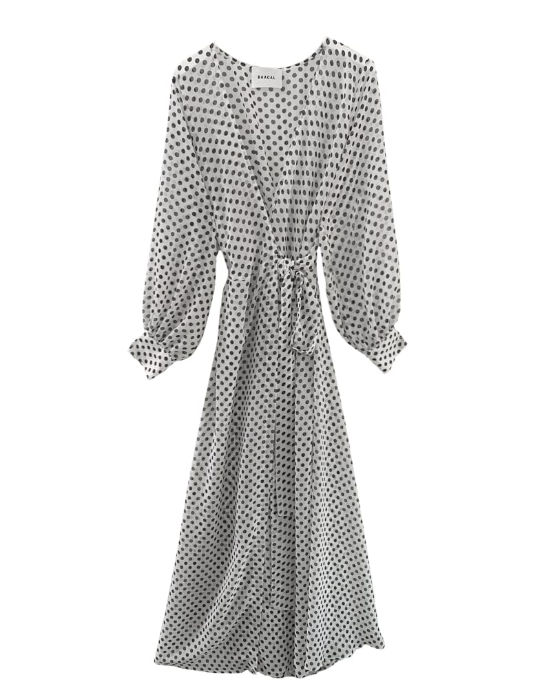 White and black polka dot wrap dress on sale